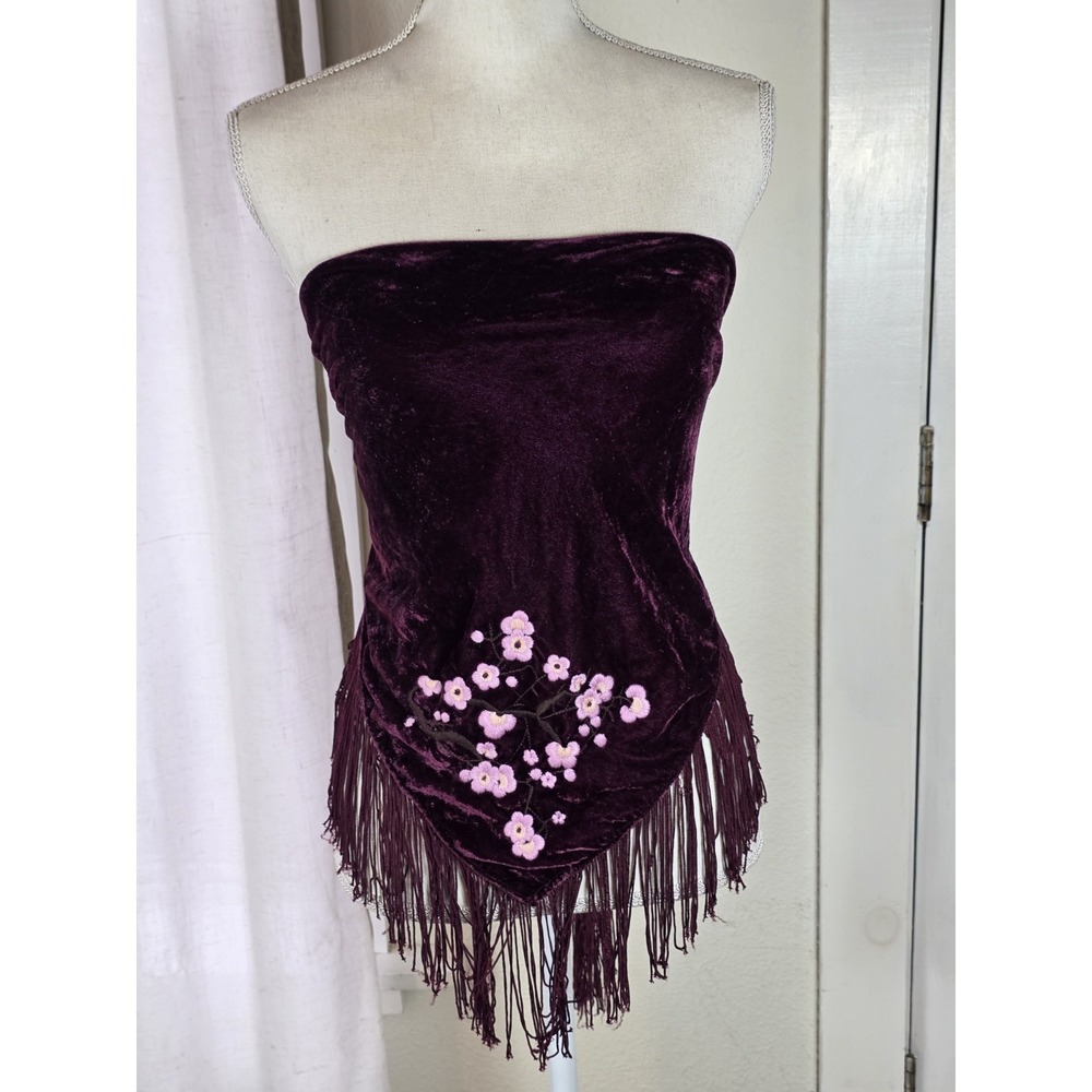 Y2K V-Shape Scarf Wrap Top Velvet Burgundy Tassel Floral